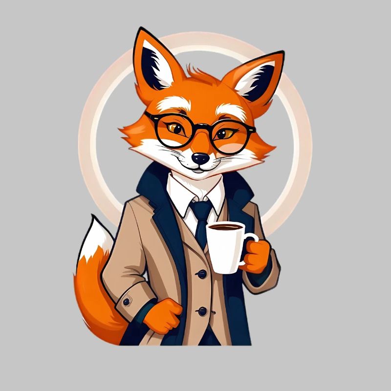 Fuchs im Anzug mit Kaffee