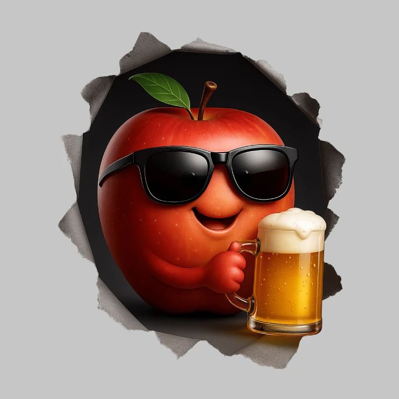 Apple with sunglasses drinking beer