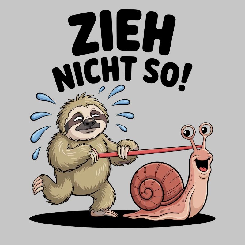 Sloth pulling snail, funny cartoon