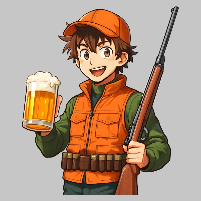 Jägerheld mit Bier und Flinte