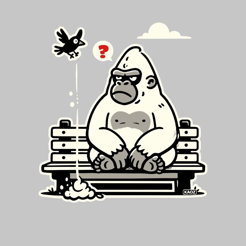 Gorilla on Bench with Curious Bird