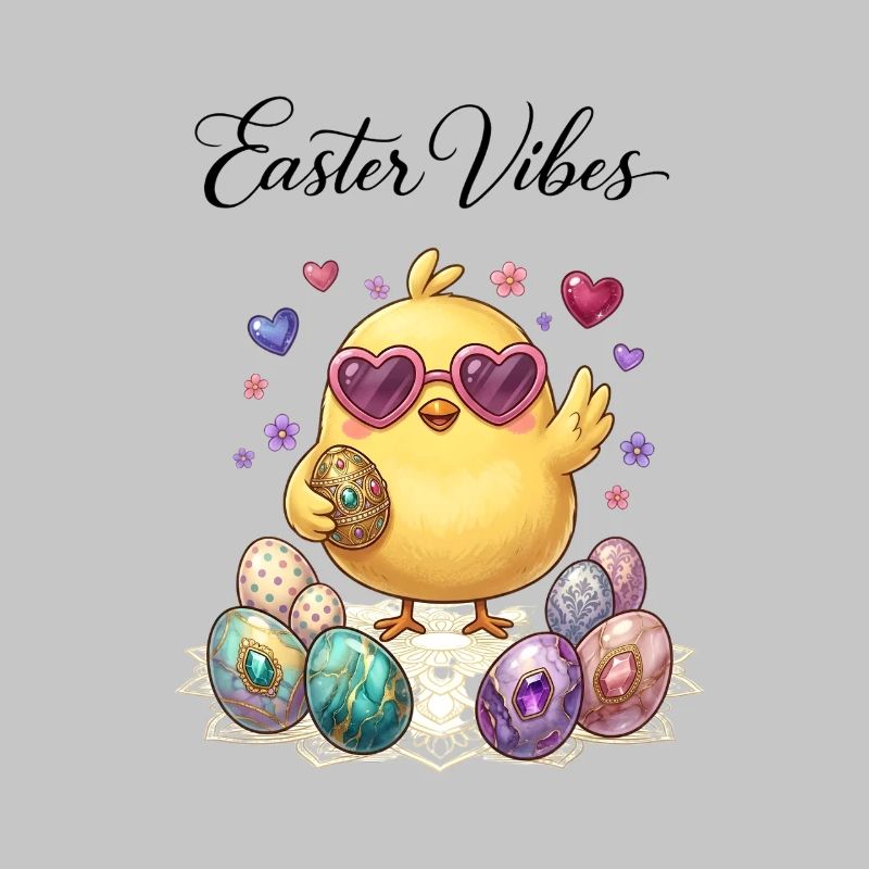 Cute Cartoon Easter Chick with Pastel Eggs Heart