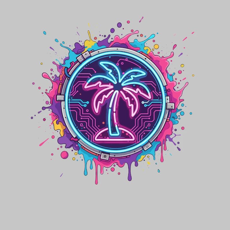 Neon palm tree in cyber circle
