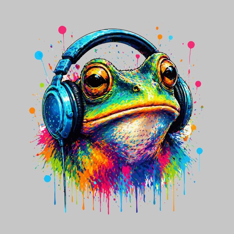 Farbexplosion Frosch mit Kopfhörern