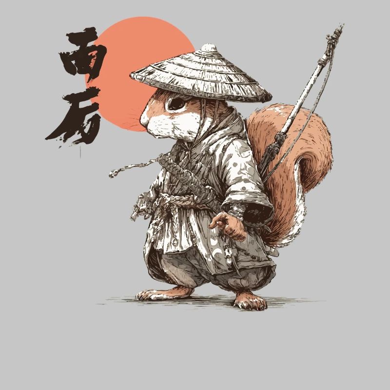 Samurai-Eichhörnchen unter roter Sonne