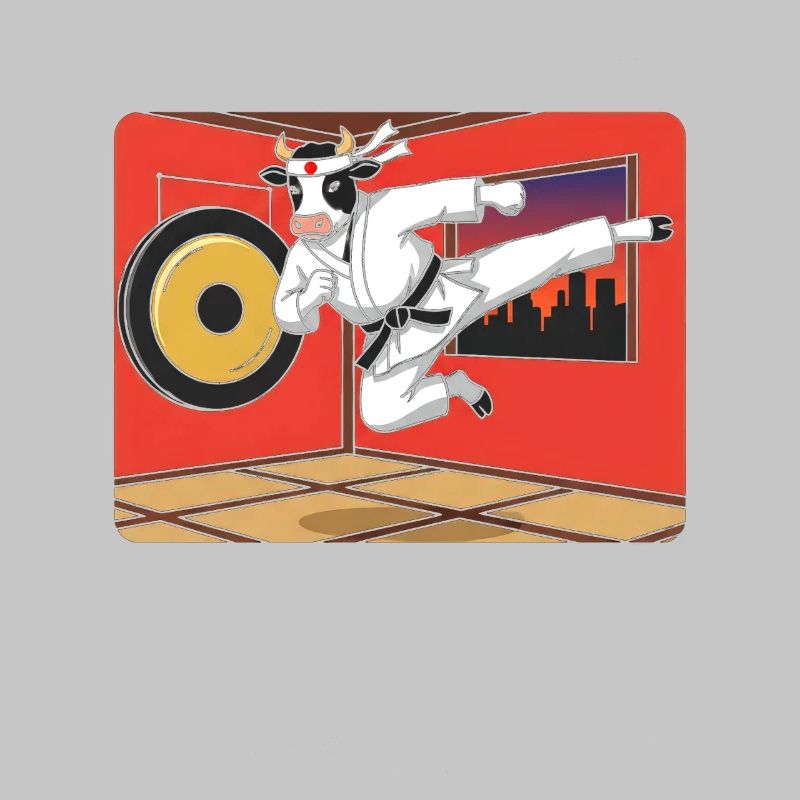 Vache en coup de karaté devant le dojo rouge