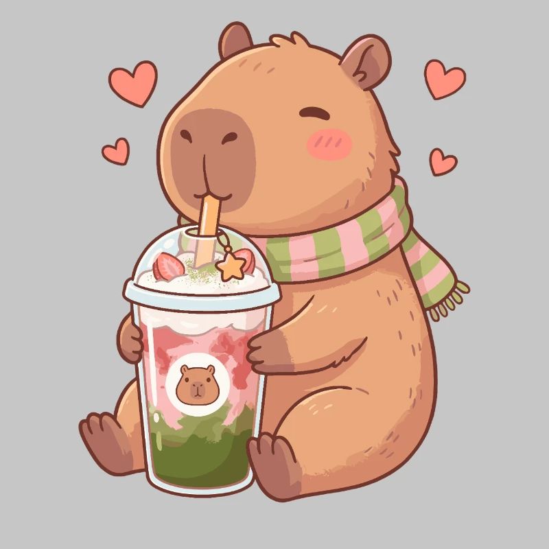 Cute Kawaii Capybara Drinking Strawberry Matcha