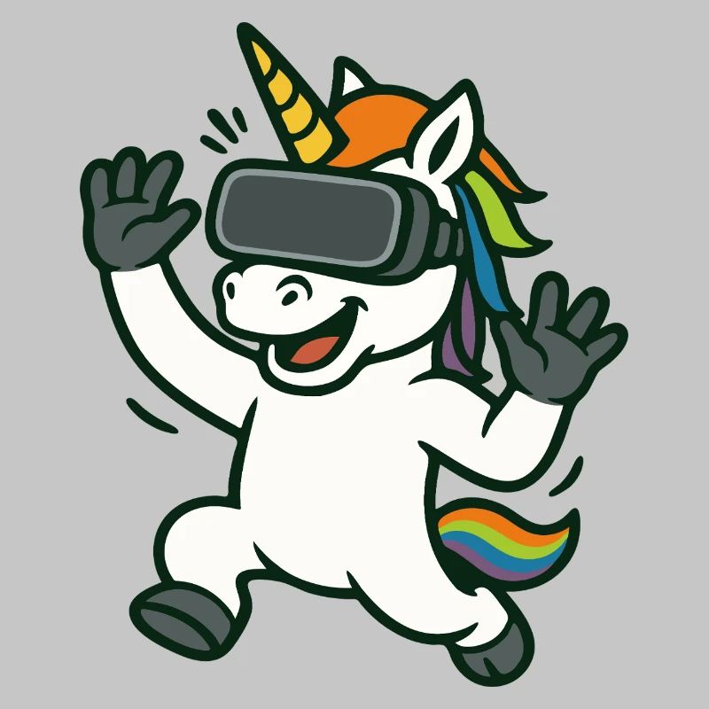 VR-Einhorn-Maskottchen mit Regenbogendetails