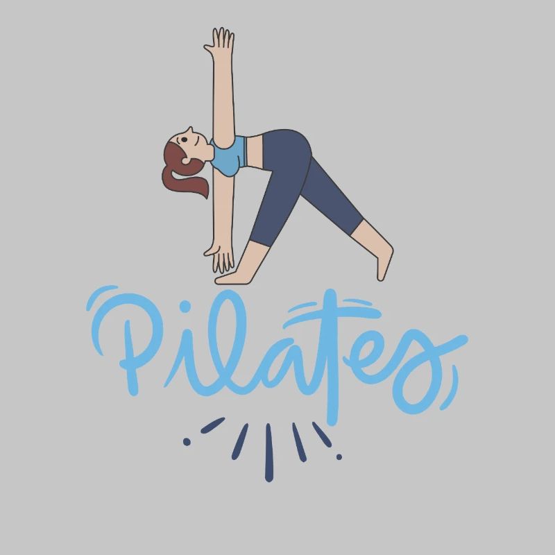 Pilates-Pose und blaue Buchstaben