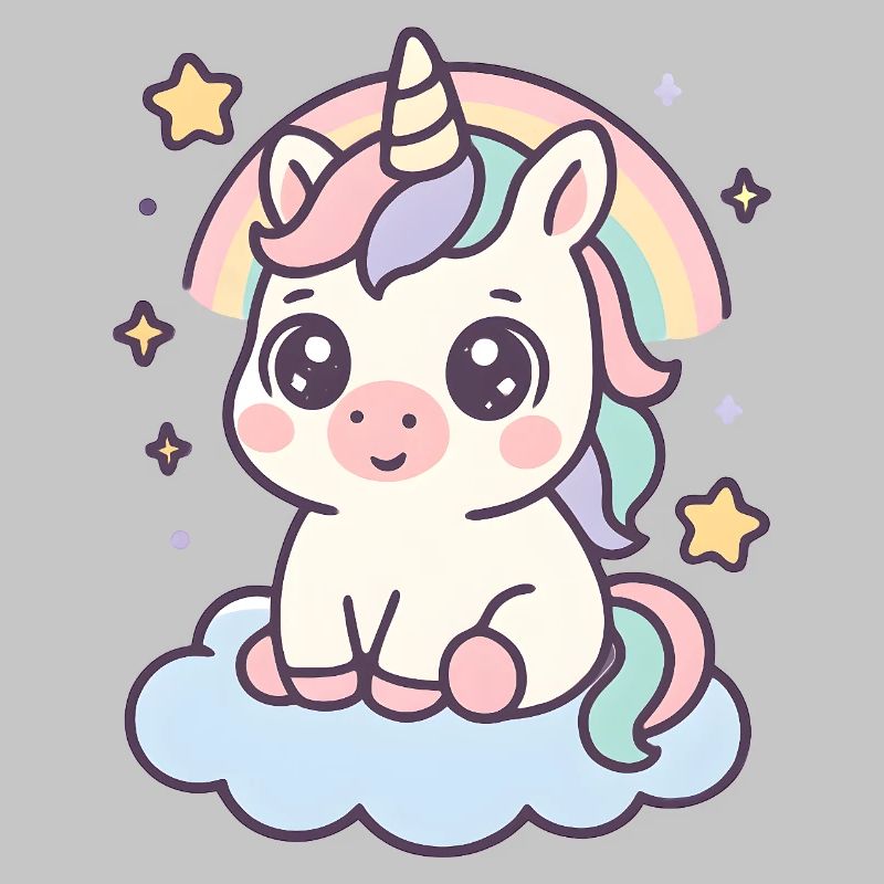 Kawaii Unicorn on Cloud with Rainbow Stars