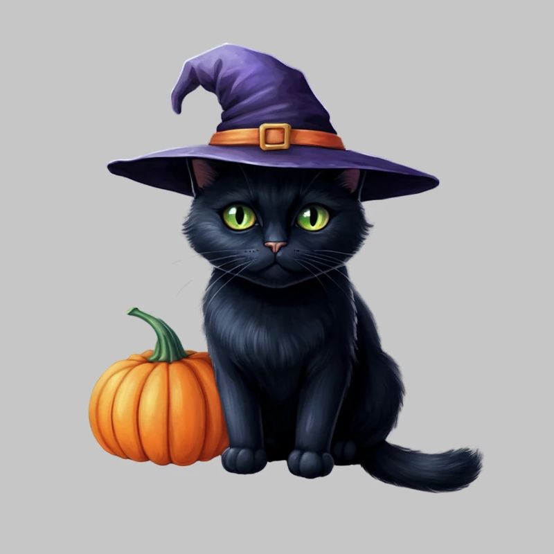 Chat sorcière avec citrouille