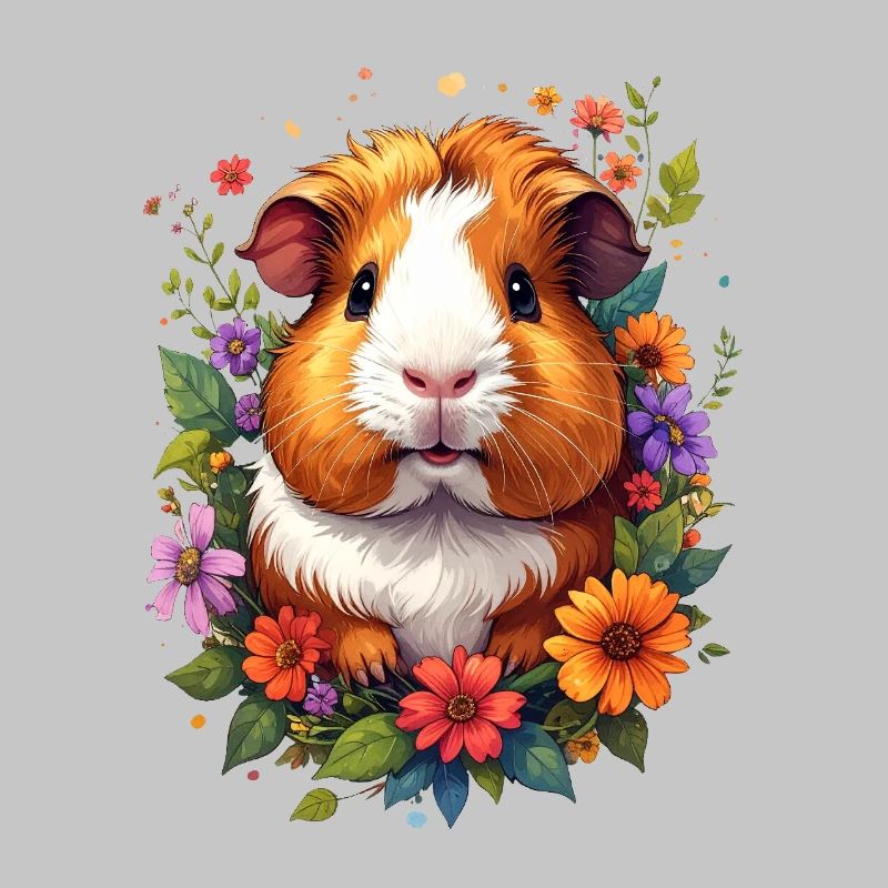 Petit cochon d’Inde mignon entouré de fleurs
