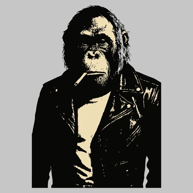 Orang-Utan raucht eine Zigarette in einer Lederjacke
