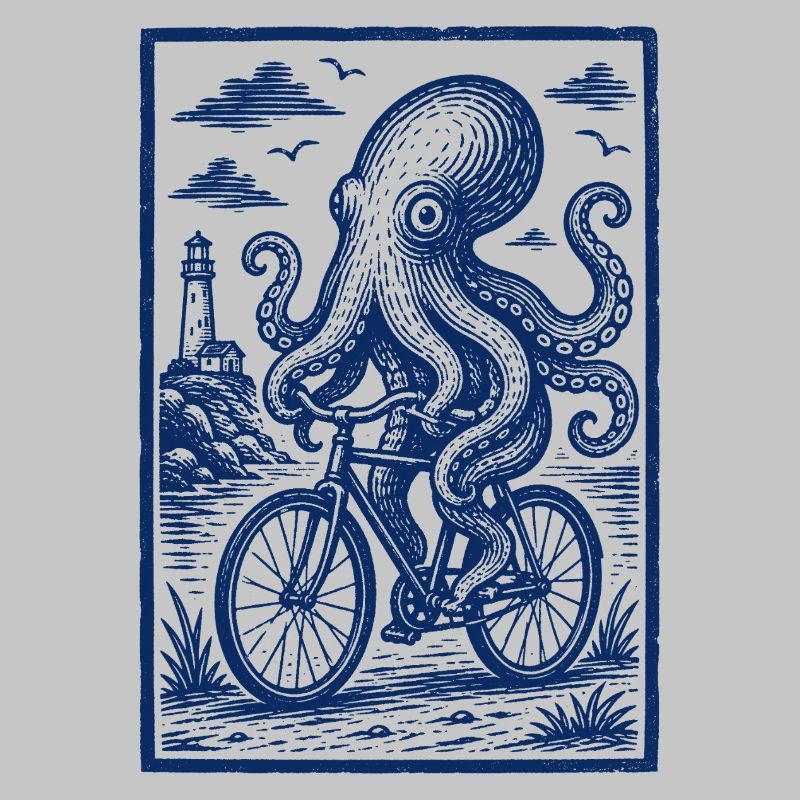 Octopus on Bicycle – Maritime Woodcut