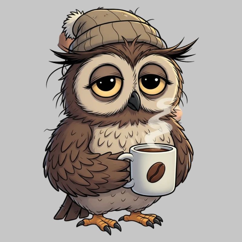 Verschlafene Eule Mit Kaffeetasse Cartoon