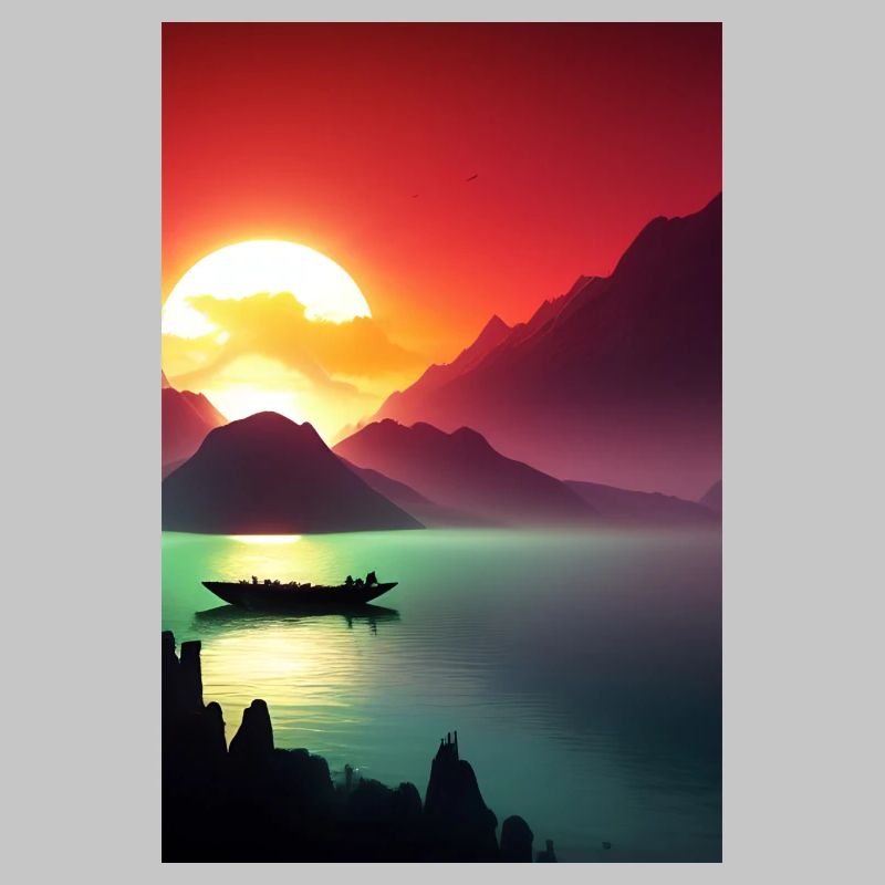 Landschaft mit See, Boot und Berge