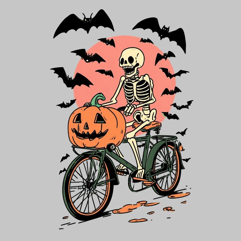 Skeleton on Bicycle with Pumpkin