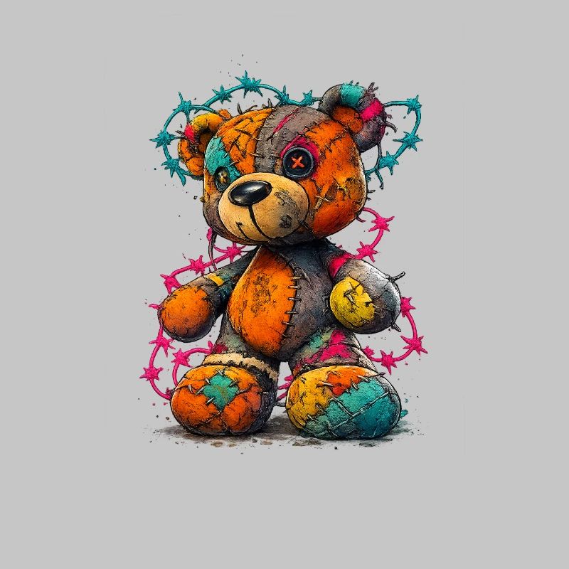 Patchwork teddy bear with neon threads