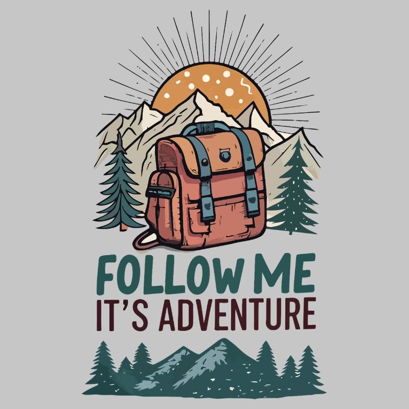 Backpack and mountains with adventure slogan
