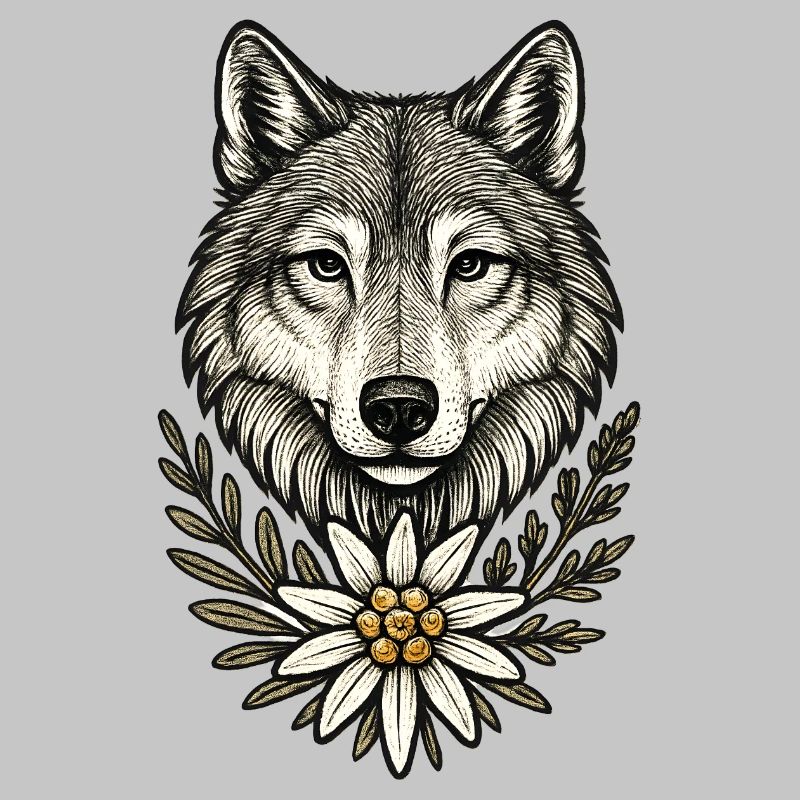Wolf head with flower wreath