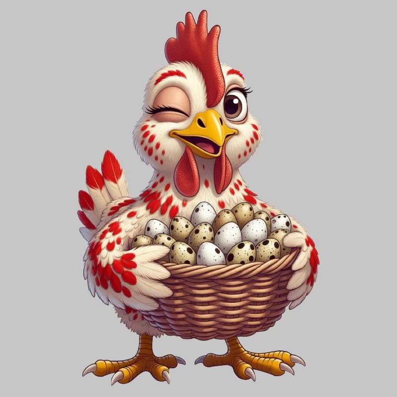 Huhn mit einem Korb voller Eier
