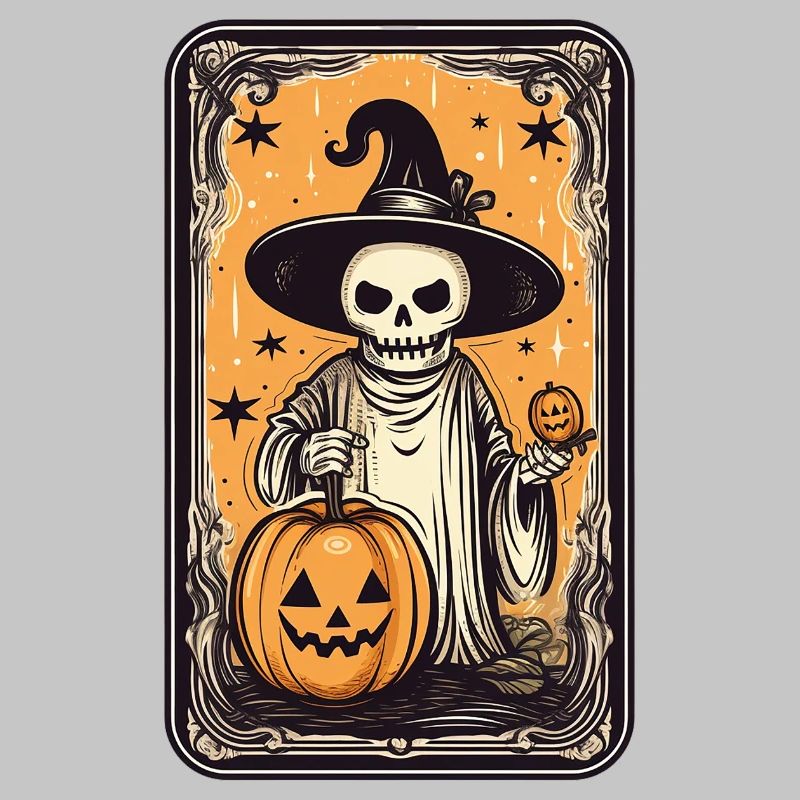 Tarot Witches Skeleton Card with Pumpkin