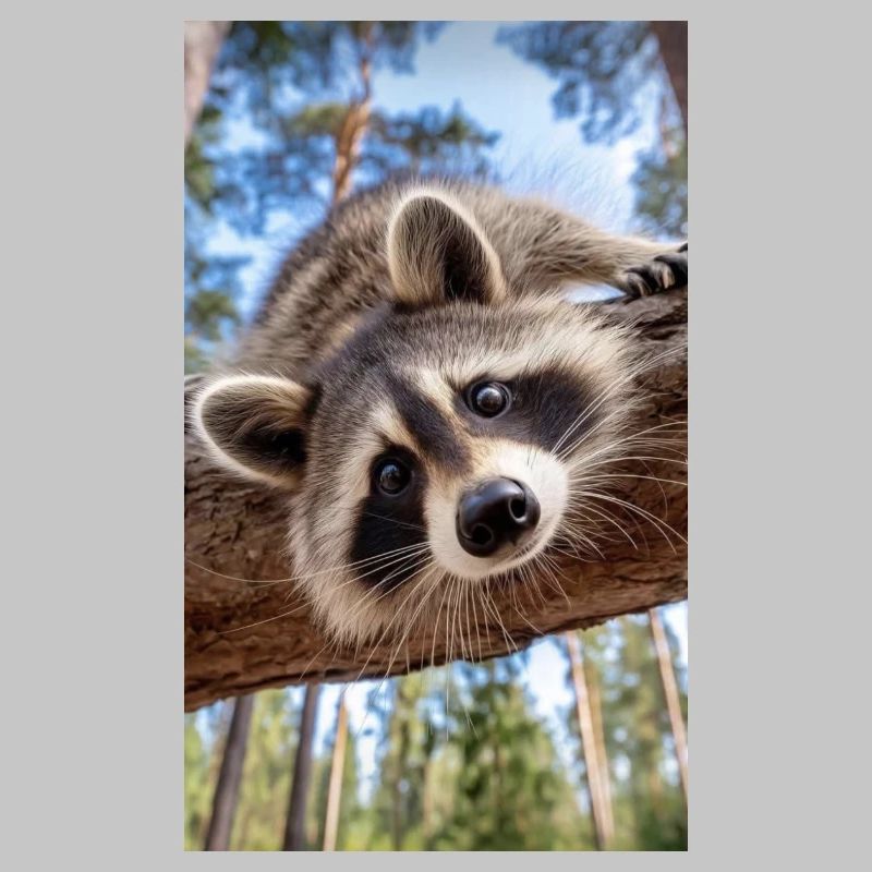 Neugieriger Waschbär am Baumast