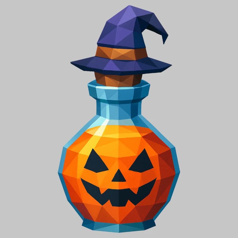 Low-Poly-Kürbis in einem Hexenfläschchen