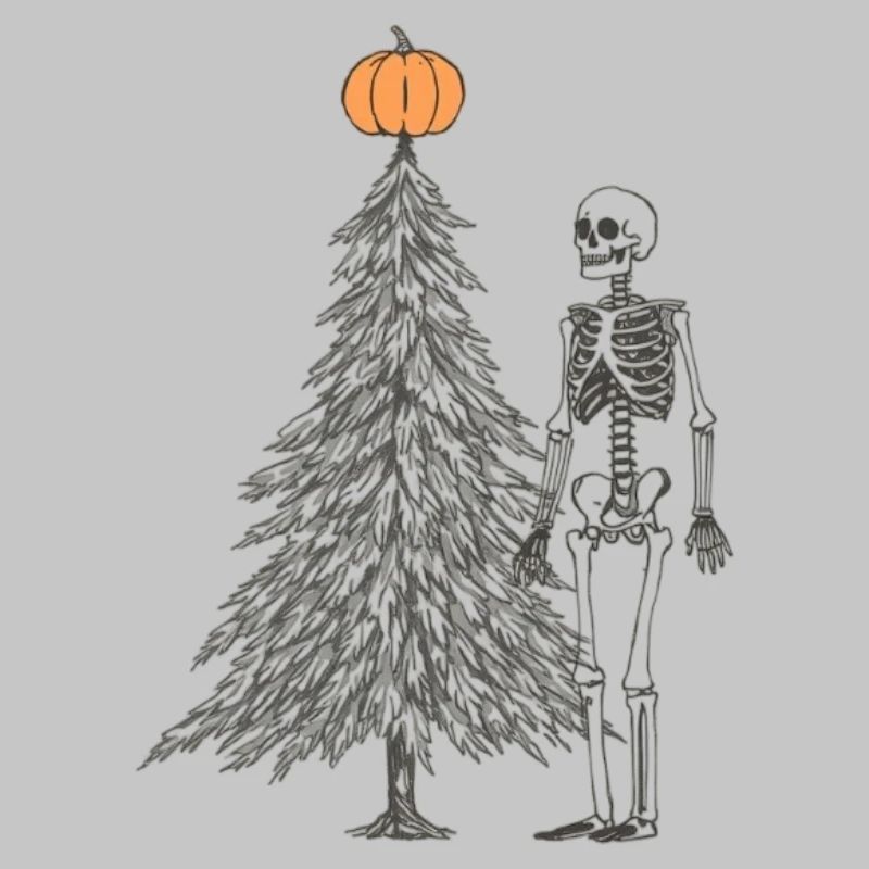 skeleton next to christmas tree