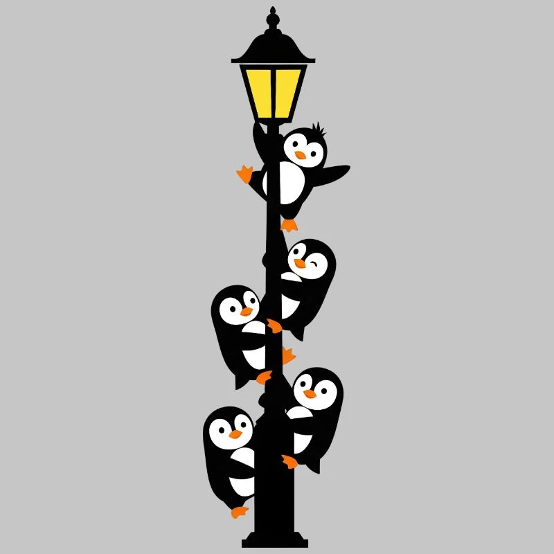 Penguins around a lamppost