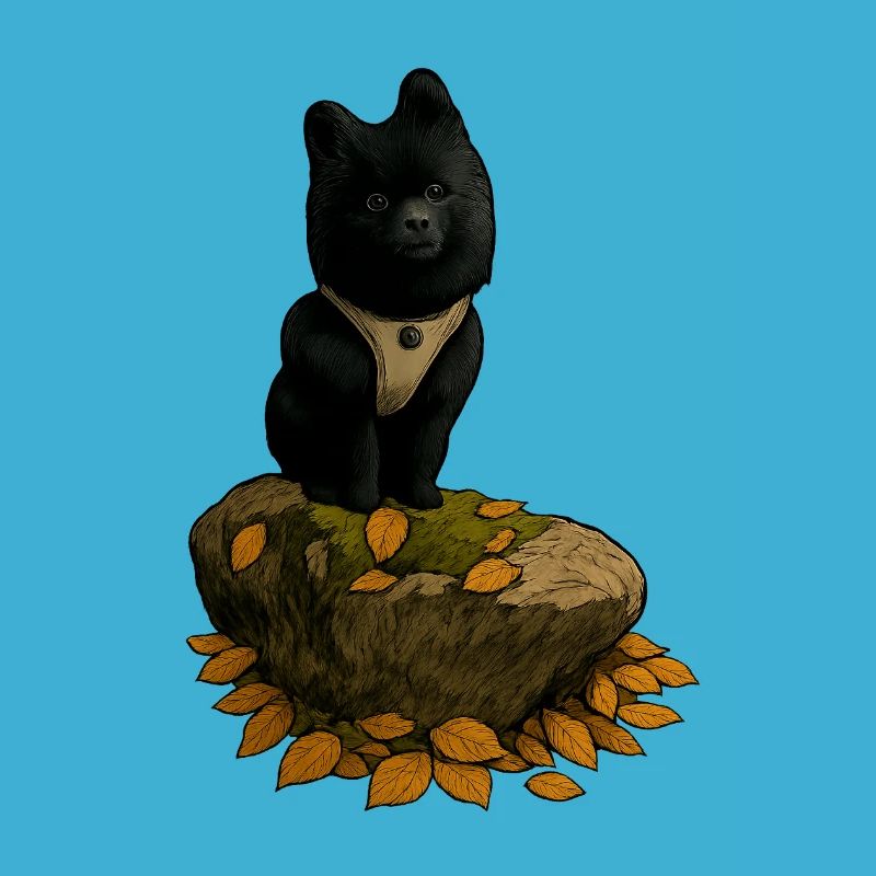 Black Spitz Dog on Tree Trunk