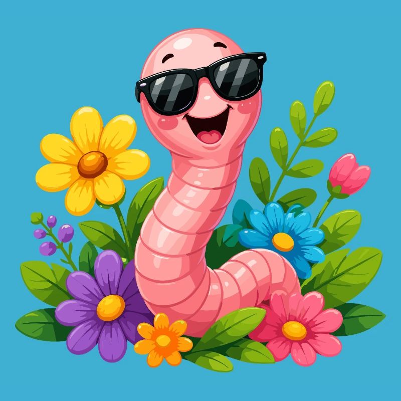 Fröhlicher Wurm mit Sonnenbrille im Blumengarten