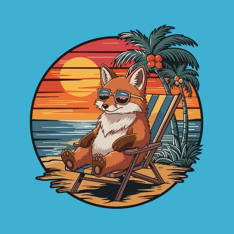 Funny Fox on Beach Summer Vacation Sunset