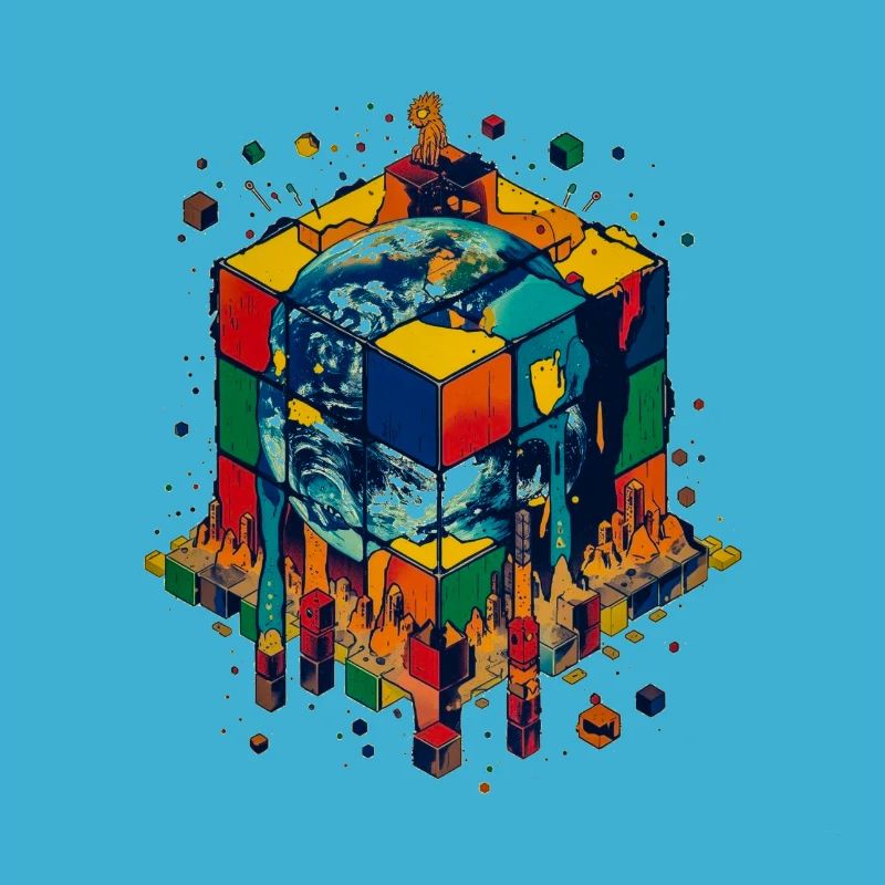 Terre dans le Cube de Blocs de Couleur