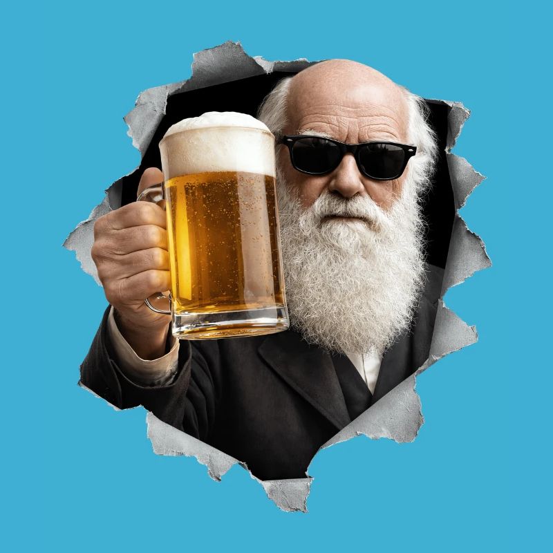 Charles Darwin holds a beer
