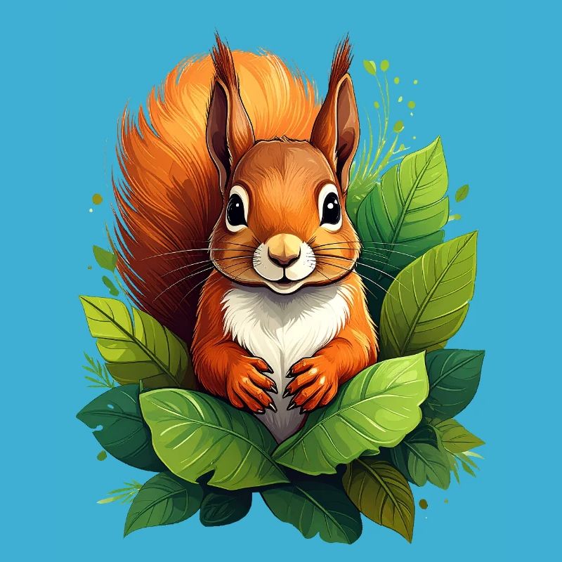 A squirrel between green leaves in the forest