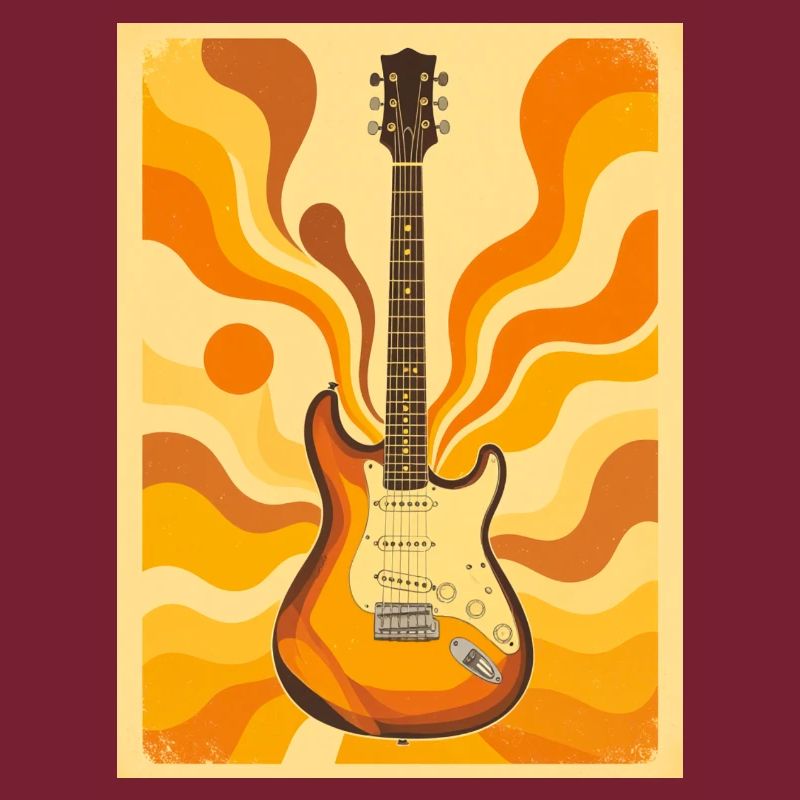 Psychedelische Retro-Gitarre mit lebendigen Siebzigern