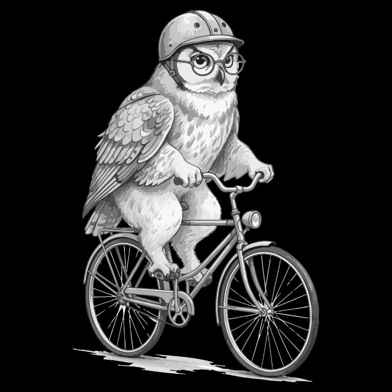 Eule auf einem grauen Fahrrad
