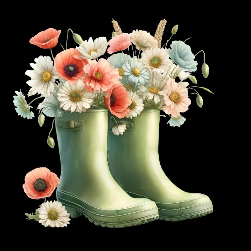 Motif de jardin : Deux bottes en caoutchouc vertes avec des fleurs