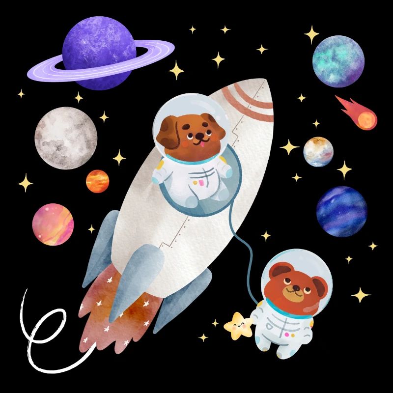 Un chien et un ours en peluche explorent l’espace