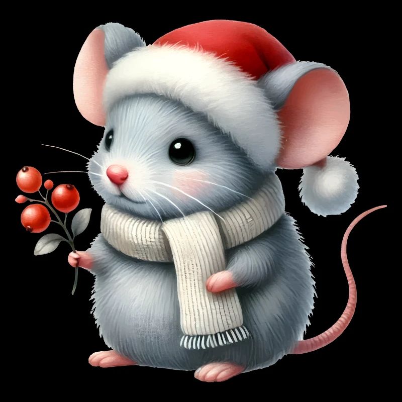 Cute Mouse with Santa Hat and Berry Branch