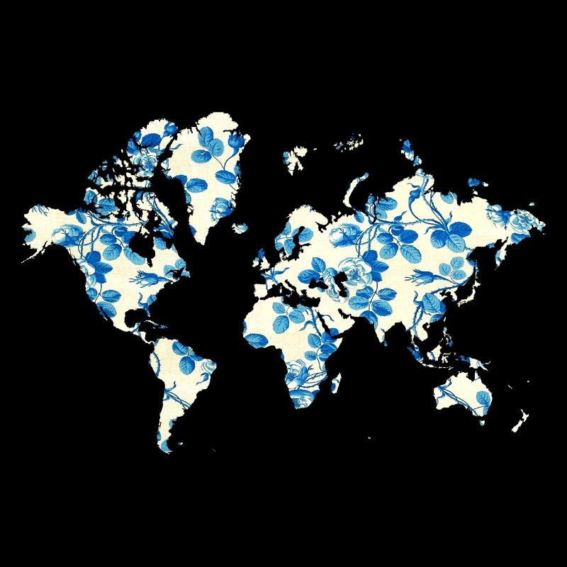 World Map Blue Flowers
