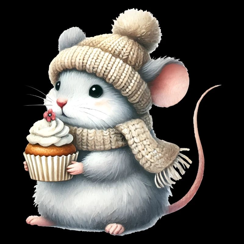 Cute mouse with a knitted hat and cupcake