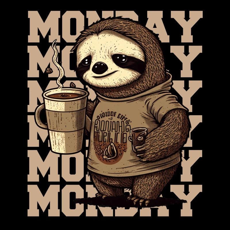Tired sloth with huge coffee mug on Monday