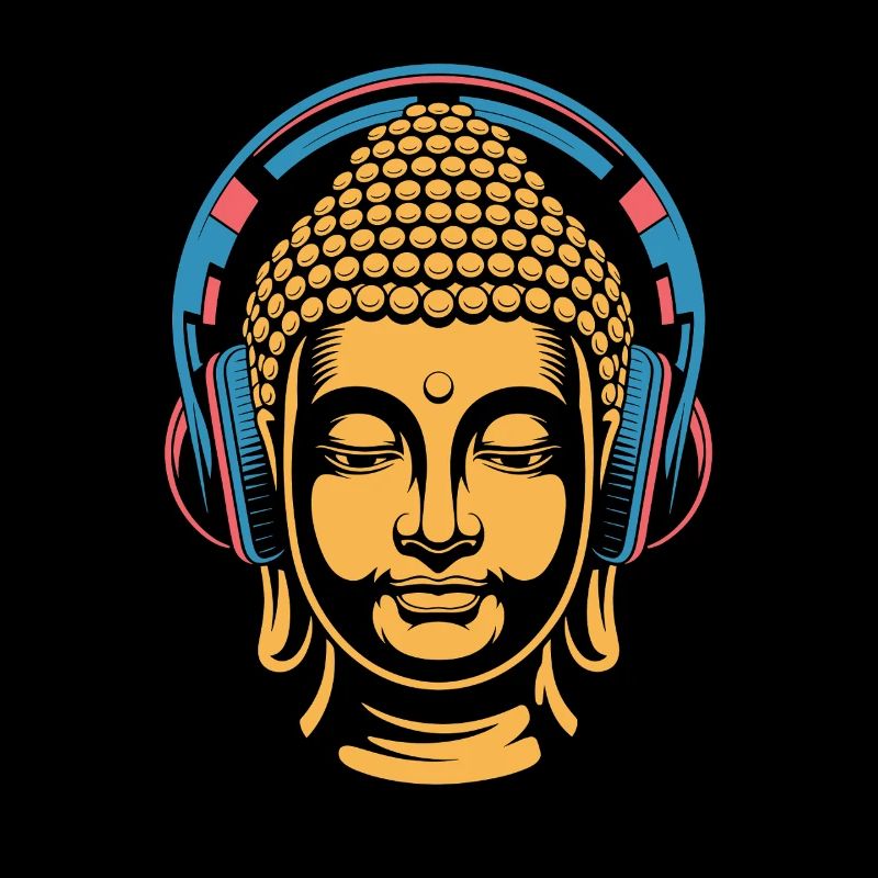 Buddha mit Kopfhörern Achtsamkeit Musik Boho Zen