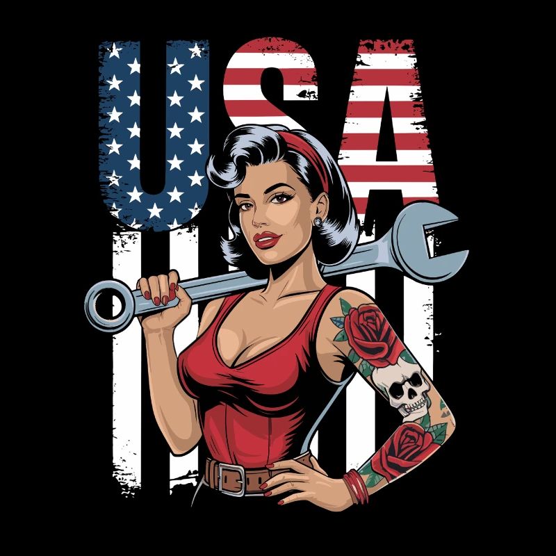Femme forte avec une clé à molette devant le drapeau des États-Unis
