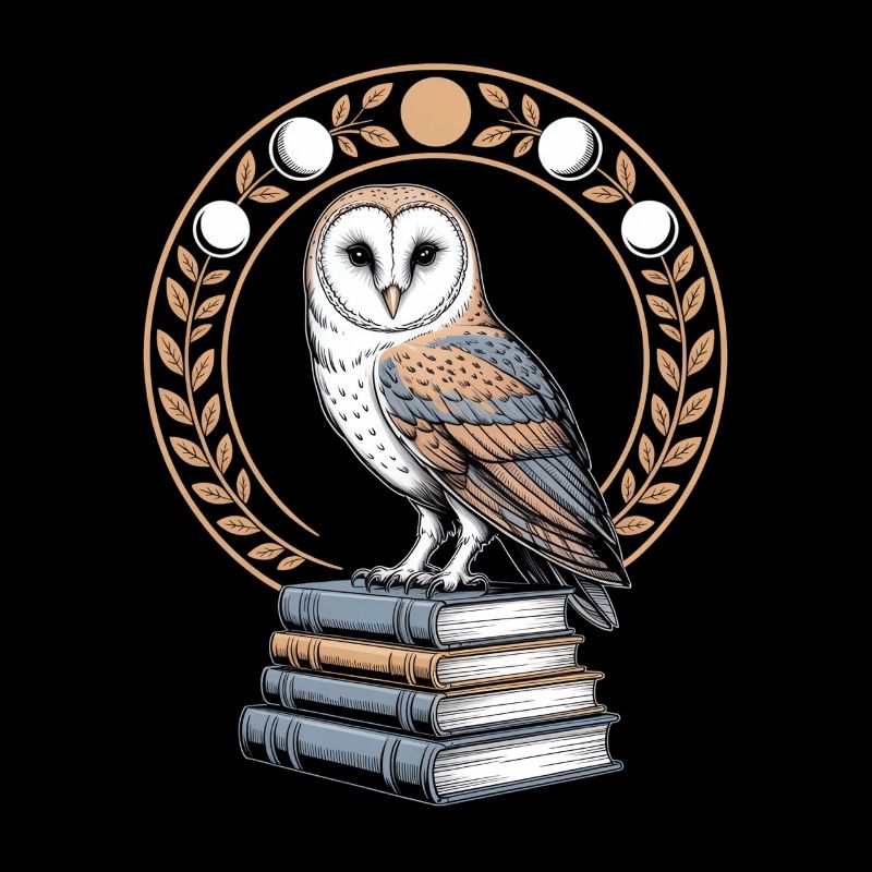 Owl on books with moon phases wreath