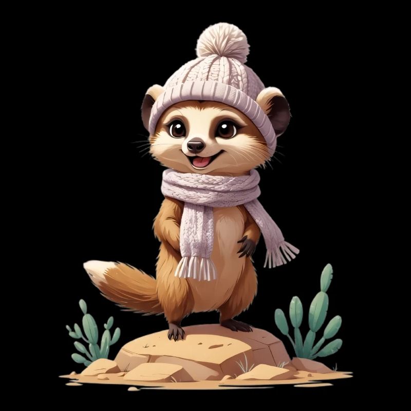 Suricate sur roche avec écharpe et chapeau