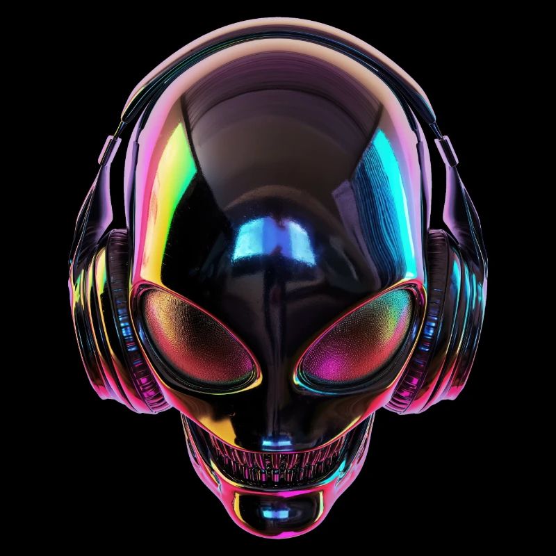 Schwarzer Alien-Kopf mit Kopfhörern
