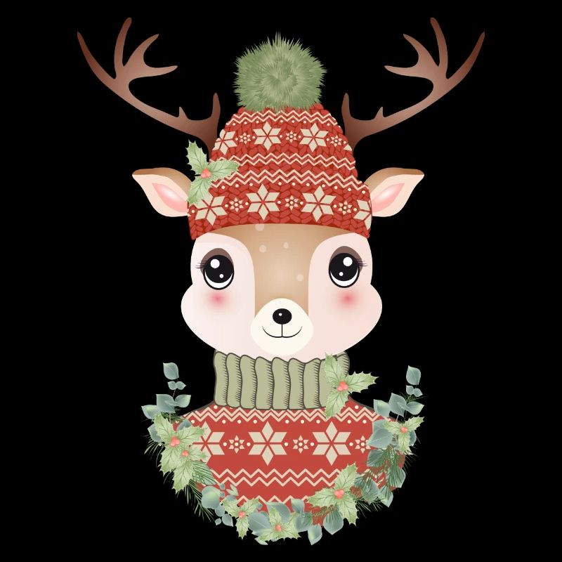 cerf mignon avec chandail, bonnet pompon et couronne